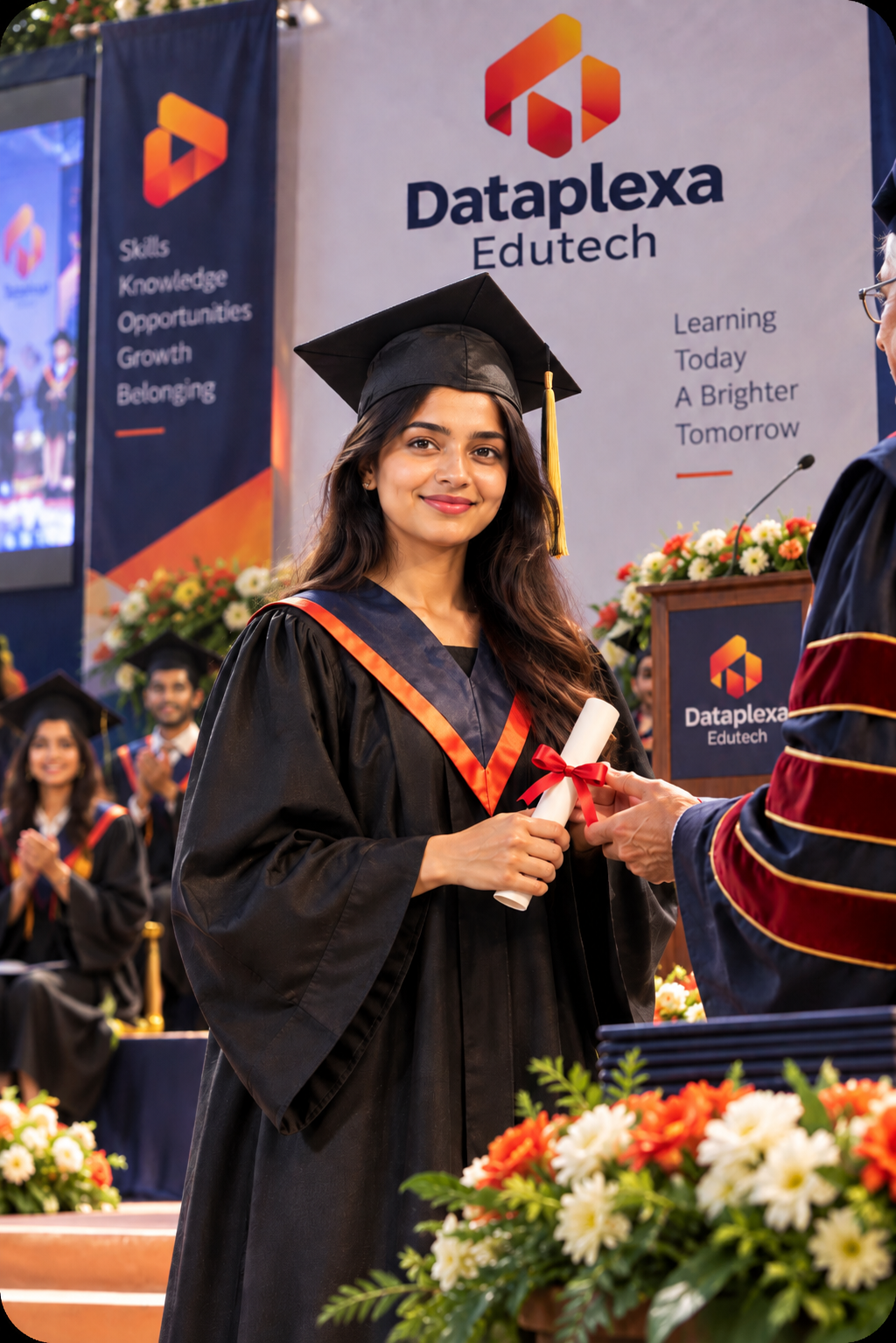 Dataplexa graduate receiving her certificate on stage